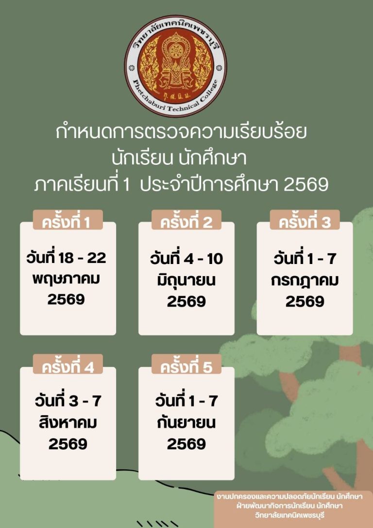 กำหนดการตรวจความเรียบร้อยนักเรียน นักศึกษา ภาคเรียนที่ 1 ประจำปีการศึกษา 2569งานปกครองและความปลอดภัยนักเรียนนักศึกษา